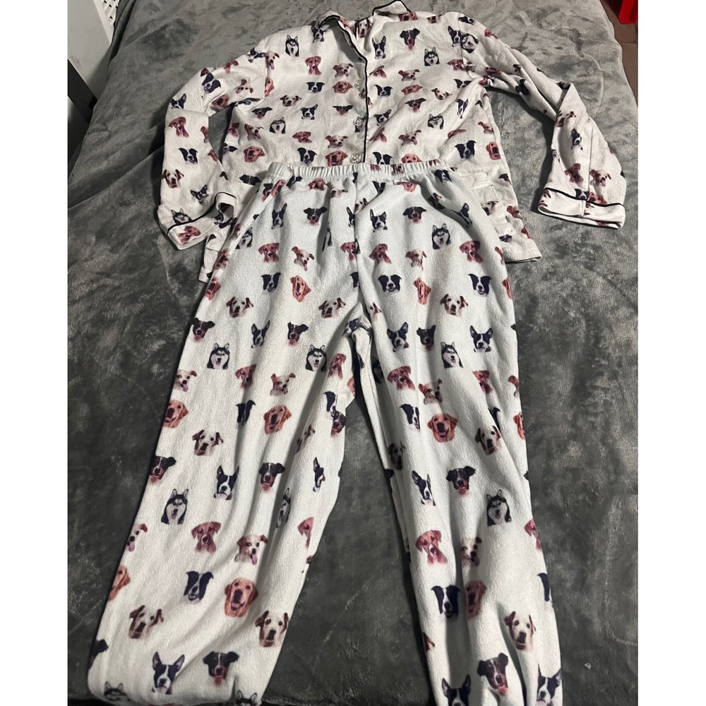 Youmita Women Dog Breed Print Fleece Pajama Set White Small 2 Piece PJ Set